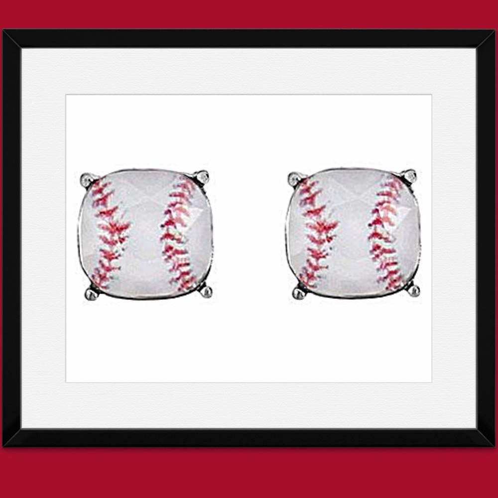 Baseball Cushion Cut Stud Silver Earrings NWT